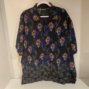 Black and Blue Casual Button Down Shirt with flaming skulls